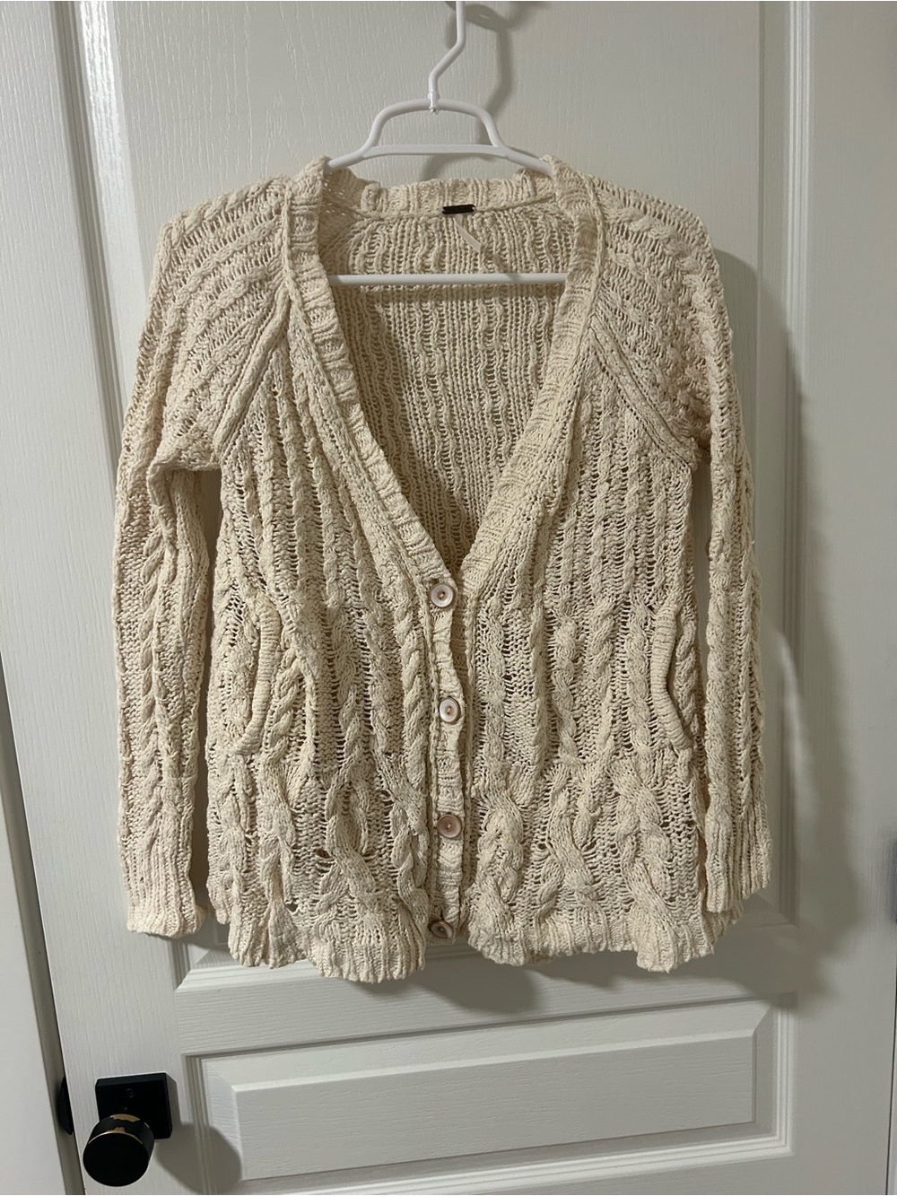 Free People Cream Open-Knit Button Cardigan
